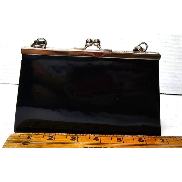 Vintage Black Patent Clutch Purse Gold Frame Kiss Lock - Picture 5 of 10